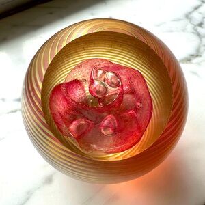 Vintage 90s Okra England Cut Glass Red Clear Iridescent Gold Swirl Paperweight